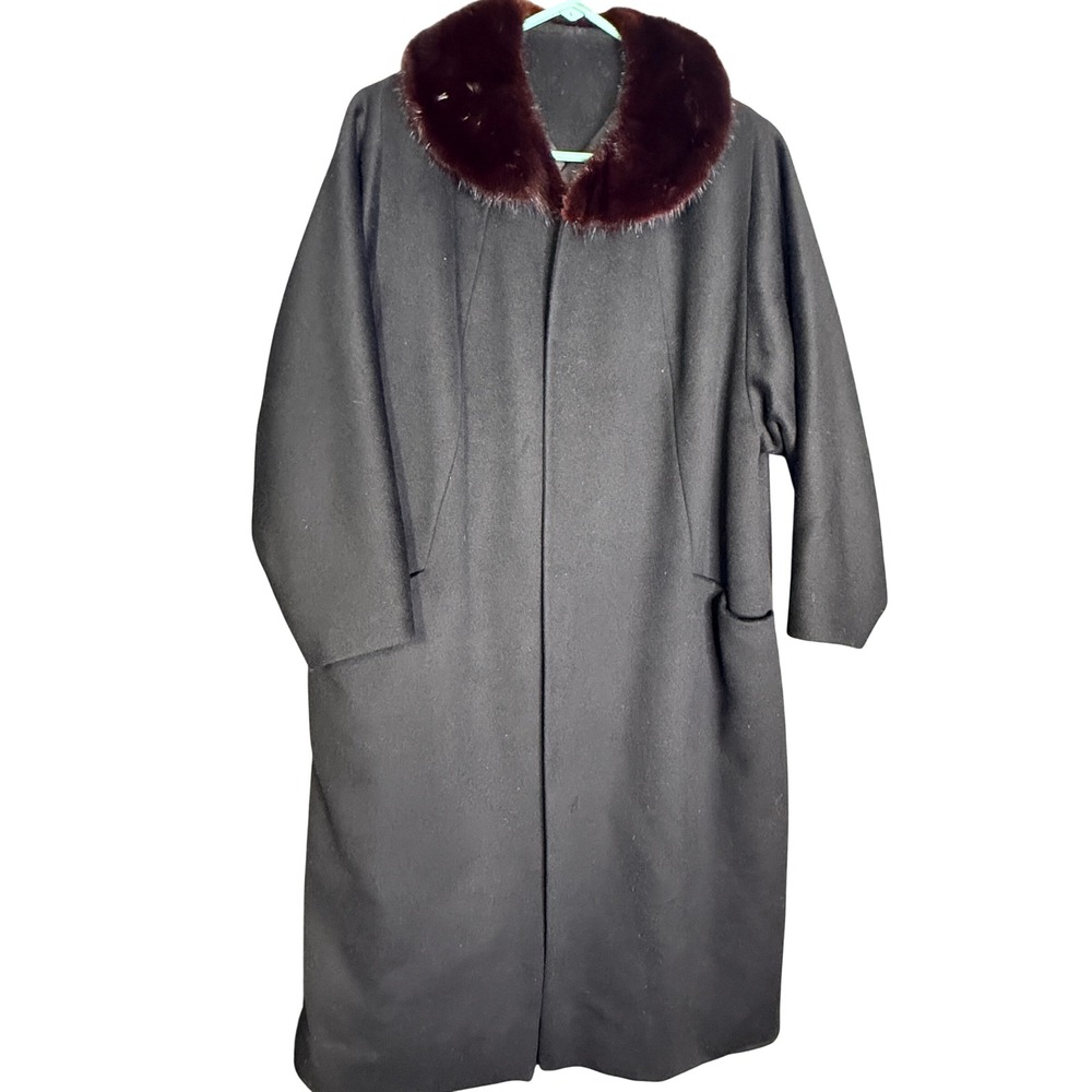 Vintage Black Wool Coat Burgundy Mink Fur Collar Open Front Long Jacket XL